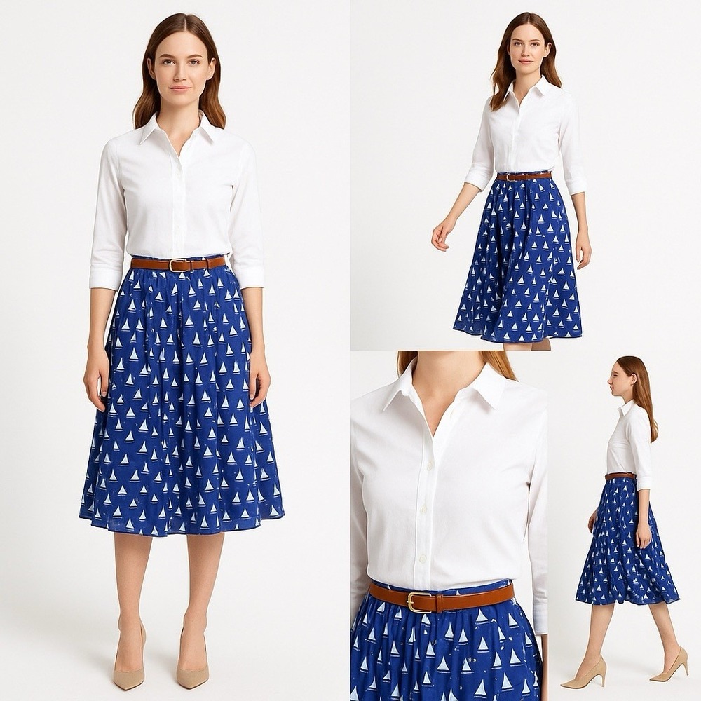 Brooks Brothers Blue Sailboat Print Pleated Midi Skirt 10 Coastal Preppy Style